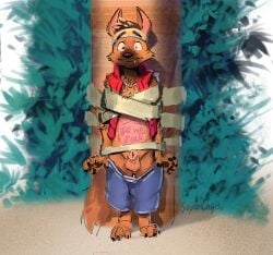 1boy 2026 2d 3_toes 5_fingers balls blush blush_lines brown_fur cute_fang digital_media_(artwork) dreamworks english_text forgotten_island furry furry_only jacket male male_only necklace outdoors palm_tree raww_(forgotten_island) red_jacket shorts_down solo supechips surprised tape text text_on_belly text_on_body weredog