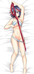 accidental_exposure adult_swim artist_request black_hair blue_eyes blush bra breasts female groin highres kill_la_kill matoi_ryuuko medium_breasts navel nipples panties scissors solo striped striped_bra striped_panties toonami underwear underwear_only