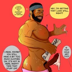 1boy 2026 ass backrooms_(film) balls bara beard big_penis black_hair clark_(backrooms) cum cum_on_body cum_on_face cum_on_hand dark_skin dialogue english_text erection gay hyzali male male_only muscular nipples penis pubic_tattoo simple_background solo text the_backrooms veiny_penis yaoi