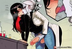 2girls ai_generated black_hair breasts closed_eyes erection french_kiss futanari kiss lab_coat long_hair multicolored_hair multiple_girls pants penis red_hair rwby salem_(rwby) saliva testicles tillian tongue twotone_hair white_hair