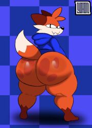 1boy 2026 2d 2d_(artwork) artist_logo ass_focus back_view big_ass big_butt blue_clothing blue_hoodie bottom_heavy bottomless bottomless_male bubble_butt checkered_background clothed clothing color colored digital_drawing_(artwork) digital_media_(artwork) fanart fat_ass fat_butt fox fox_tail furry furry_male furry_only gluteal_fold hoodie hoodie_only huge_ass huge_butt looking_at_viewer looking_back looking_back_at_viewer male male_only orange_body partially_clothed rear_view solo solo_male soups_(superiorfox) standing tail thick_ass thick_butt thick_thighs thighs watermark yanafterdark
