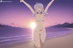 1girl :d ahoge ai_generated armpits arms_up ass_visible_through_thighs barefoot beach breasts closed_eyes collarbone completely_nude digitalwaifugallery facing_viewer hi_res high_quality high_resolution large_breasts long_hair navel nipples nude ocean open_mouth outdoors patreon patreon_username purple_hair pussy seductive sexy sky smile solo standing standing_on_one_leg strea sun sunset sword_art_online thigh_gap uncensored water watermark