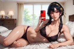 ai_generated big_breasts black_hair bra lingerie lying mature mature_female milf mirror_selfie naughtygirlsai panties red_eyes selfie sidelocks spy_x_family yor_briar yor_forger