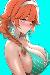 absurdres bikini braid breasts choker cleavage dfswift earrings english_commentary feather_earrings feathers female gradient_hair green_bikini green_choker green_hair highres hololive hololive_english hololive_myth huge_breasts jewelry long_hair looking_ahead multicolored_hair orange_hair pink_hair purple_eyes signature simple_background smile solo swimsuit takanashi_kiara takanashi_kiara_(casual) twin_braids upper_body virtual_youtuber