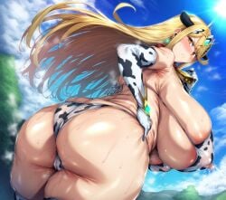 1girls ai_generated areolae big_breasts blonde_hair cow_print enormous_breasts female female_focus female_only huge_breasts large_areolae large_breasts looking_at_viewer looking_pleasured mythra thick_thighs thighs xenoblade_(series) xenoblade_chronicles_2 yellow_eyes