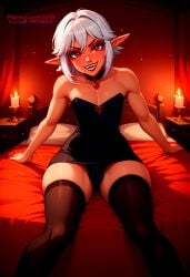 2d ai_generated bed bedroom bulge bulge_through_clothing elf elf_ears femboy flat_chest ilfb looking_at_viewer on_bed panties red_eyes short_hair smile smiling trap uncensored vampire white_hair