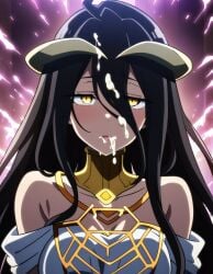 1girls ai_generated albedo_(overlord) big_breasts black_hair blush clothed cum cum_in_mouth cum_on_face cum_on_hair cum_on_tongue drooling drooling_tongue female female_only horns horny long_hair morindar open_eyes overlord_(maruyama) succubus succubus_horns tongue tongue_out yellow_eyes