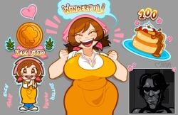 1boy 1girls apron big_breasts breasts brown_hair chubby chubby_female cleavage cleavage_cutout cooking_mama dress english_text female female_focus food heart heart_symbol hips jerma985 large_breasts mama_(cooking_mama) meme milkykau pancake source_request streamer wide_hips youtuber