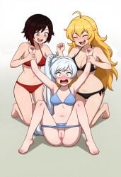 ai_generated assisted_exposure bikini embarrassed laughing pussy redbreadalt ruby_rose rwby weiss_schnee wrist_grab yang_xiao_long