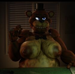 3d animal_ears animal_humanoid animatronic bear big_belly big_breasts big_moobs cigar fat five_nights_at_freddy's freddy_(fnaf) freddy_fazbear fur fur_breasts furry gay imposing looking_at_another male male_only moobs nude nude_male snips456 snips456fur table tagme