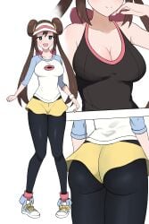2024_pokemon_teraleak :d absurdres ass black_leggings black_tank_top blue_eyes breasts brown_hair cleavage donut_hair_bun double_bun female ganzzzo hair_bun highres large_breasts leggings long_hair multiple_views nintendo open_mouth pokemon pokemon_bw2 raglan_sleeves rosa_(pokemon) shoes short_shorts shorts simple_background smile tank_top twintails very_long_hair visor_cap white_background yellow_shorts