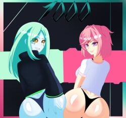 2girls ass ass_focus big_ass crossover cyberpunk:_edgerunners doki_doki_literature_club duo female from_behind gabrielvizari green_hair looking_at_viewer looking_back natsuki_(doki_doki_literature_club) pink_eyes pink_hair rebecca_(edgerunners) shiny_skin smile underwear