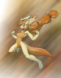 2017 absurd_res action_pose amber_eyes anthro ass big_breasts black_nose breasts brown_fur brown_hair canine canine claws digital_media_(artwork) feline feline female fur hair hairband hi_res horn hybrid jumping long_hair mammal melissa(hipcat) nipples nude open_mouth pussy ratcha_(artist) simple_background smile solo tongue