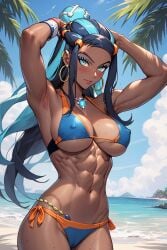 1girls abs ai_generated bare_arms bare_legs bare_shoulders bare_thighs big_breasts bikini bikini_bottom bikini_top black_hair blue_eyes clothed clothing color dark-skinned_female dark_skin female female_focus female_only fit_female game_freak gym_leader hi_res large_breasts long_hair looking_at_viewer muscles muscular muscular_female nessa_(pokemon) nintendo pokemon pokemon_ss pokemon_trainer poor_quality rayai solo solo_female tagme thick_thighs