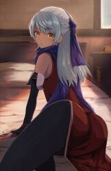 1girls ass azusagawa female fire_emblem fire_emblem:_radiant_dawn fully_clothed golden_eyes hair_ribbon micaiah_(fire_emblem) on_bed pout scarf white_hair