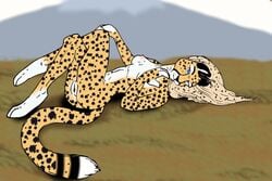 2017 anthro barefoot biped black_fur black_nose black_spots black_tail blue_eyes breasts cheetah crossed_legs detailed_background digital_media_(artwork) feline female fingerless_(marking) full-length_portrait fur grass hair hand_on_knee jaylablue kaeranya long_hair long_tail looking_at_viewer lying mammal markings mountain nipples nude on_back outside pink_nipples pinup portrait pose pussy socks_(marking) solo spots spotted_fur spotted_tail tan_hair toes white_fur white_tail yellow_fur yellow_tail