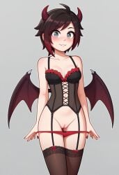 ai_generated aicon gradient_hair grey_eyes horns light_smile lingerie panty_pull pussy ruby_rose rwby succubus wings