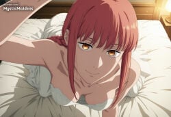 1girl ai_generated all_fours anime anime_style bare_shoulders bed braid braided_ponytail breasts chainsaw_man cleavage closed_mouth collarbone downblouse dress hentai hi_res indoors lamp long_hair looking_at_viewer makima_(chainsaw_man) medium_breasts mystic_maidens on_bed orange_eyes patreon patreon_username red_hair ringed_eyes sidelocks smile solo strapless strapless_dress wedding_dress white_dress yellow_eyes