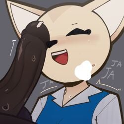 absurd_res aggretsuko anthro blush canid canine duo faceless_character faceless_male female fennec_fox fenneko fox genitals grey_background hi_res laugh lunny_sketch male male/female mammal open_mouth open_smile penis penis_on_face sanrio simple_background smile true_fox