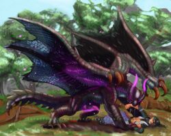 capcom dragon erection eyeless feral gore_magala greedygulo horn human male mammal monster_hunter penis size_difference video_games wings