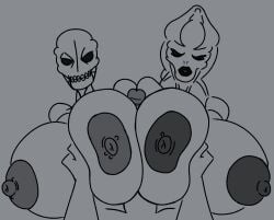 1boy 2girls alien alien_girl alien_humanoid areolae big_nipples big_penis erection kaxta nightmare_waifu paizuri simple_background titjob