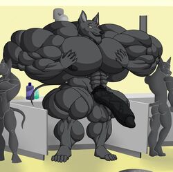 2017 abs anthro ass biceps big_muscles big_penis black_fur black_penis bottle canine fur hi_res huge_cock hyper hyper_muscles jackal long_penis male male_only mammal muscular muscular_male nipples nude pecs penis proxol_(artist) pubes shower smile vein