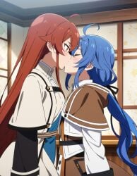 2girls ai_generated blue_hair blush closed_eyes clothed eris_greyrat female female_only kissing kissing lesbian_kiss long_hair morindar mushoku_tensei open_eyes red_eyes red_hair roxy_migurdia small_breasts yuri yuri