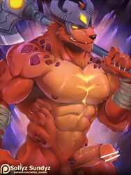 1boy abs areola axe balls bandage barazoku biceps canine censored claws close-up erection fur glowing glowing_eyes horn infernal_nasus infernal_series jackal league_of_legends male male_only mammal manly melee_weapon nasus navel nipples nude pecs penis riot_games sharp_claws sharp_teeth smile sollyz solo standing teeth thick_penis thick_thighs triceps vein veiny_penis video_games weapon