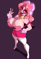 2d big_breasts breasts busty cartoon_network female female_focus female_only hairless_pussy heart-shaped_pupils hourglass_figure la_tiapat large_breasts long_hair makeup miss_heed_(villainous) navel nipples pink_body pink_eyes pink_hair pink_skin villainous wide_hips