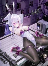 animal_ear_hairband animal_ears aqua_pupils arms_behind_head azur_lane bare_shoulders black_pantyhose breasts elbow_gloves english_text fake_animal_ears female fishnet_pantyhose fishnets gloves glowing_tattoo hairband high_heels high_ponytail kearsarge_(all_night_charge)_(azur_lane) kearsarge_(azur_lane) large_breasts leotard long_hair looking_at_viewer maho_shi_ma official_alternate_costume pantyhose playboy_bunny pubic_tattoo purple_eyes purple_footwear purple_leotard rabbit_ear_hairband rabbit_ears solo spread_legs stiletto_heels tattoo thigh_strap thong_leotard two-tone_gloves two-tone_leotard undersized_breast_cup very_long_hair white_hair white_leotard