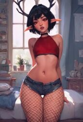 ai_generated antlers beach black_hair cute elf_ears eye_contact gloves pixie_cut red red_eyes red_gloves seductive_expression short_hair smirk smug_expression stripper teasing usebackdooronly