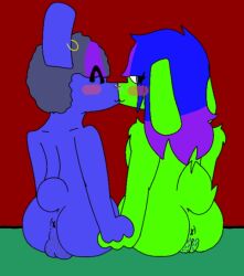 anthro anus ass balls bangs blue_body blue_fur blue_hair blush closed_eyes curled_hair duo ear_piercing ear_ring facial_hair facial_piercing female fur genitals green_body green_fur hair hair_dye hand_holding hazel_(haziefreak) jasper_(haziefreak) kiss_on_lips kissing lagomorph leporid long_hair looking_at_viewer male male/female mammal moustache navy_hair nose_piercing nose_ring nude piercing pubes pussy rabbit ring_piercing short_tail sitting tail the_burny