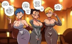 2d 3girls 3milfs android_18 bare_arms bare_shoulders big_breasts black_hair blonde_hair blue_eyes blue_hair blush bulma_briefs chichi chichi_(majin_buu_saga) classy classy_female clothed clothing color cougar cougar_milf dragon_ball dragon_ball_z dress elegant elegant_dress elegant_room embarrassed english_text female female_focus female_only full_color fully_clothed funsexydragonball hair_bun hi_res large_breasts light-skinned_female light_skin milf milfs necklace no_bra no_penetration rich short_hair short_hair_female solo_female tagme text text_bubble thick_thighs