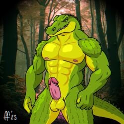 1:1 2025 abs anthro back_spikes balls biped closed_smile crocodile crocodilian digital_drawing_(artwork) digital_media_(artwork) fabfelipe front_view genitals green_body green_eyes green_scales hi_res male mouth_closed multicolored_body multicolored_scales muscular muscular_anthro muscular_male nipples nude_anthro nude_male pecs penis pink_nipples pinup pose reptile scales scalie smile solo spiked_tail spikes spikes_(anatomy) tail teeth two_tone_body two_tone_scales yellow_body yellow_scales yellow_sclera