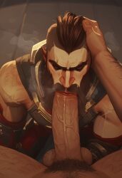 ai_generated arcane bara beard big_muscles big_penis big_thighs blowjob brown_hair chest_hair close_up erection face_focus facial_hair gay giving_head hairy hairy_armpits hairy_balls hairy_chest hairy_male hairy_penis kneeling large_penis league_of_legends low-angle_view male/male masculine masculine_male mature_male moustache muscular muscular_male noxian_soldier penis penis_outside pubic_hair rictus_(arcane) rictus_(league_of_legends) sexy_armpits side_view solo sucking_penis thick_penis thick_thighs uncensored veiny_penis viewer_pov