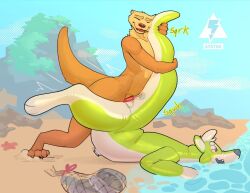 2026 animate_inanimate anthro beach bodily_fluids brown_body brown_fur canid canine canis closed_eyes duo fur genital_fluids genitals green_body inflatable living_inflatable male mammal mustelid open_mouth otter penis statiik_(artist) tail tail_grab white_body wolf
