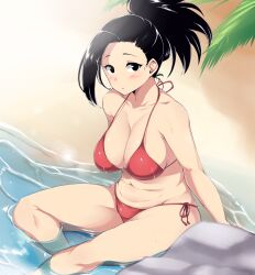 bare_arms bare_belly bare_legs bare_shoulders bare_thighs beach belly_button big_breasts bikini black_eyes black_hair blush body_blush breasts cleavage collarbone long_hair moisture_(chichi) momo_yaoyorozu my_hero_academia outdoors parted_lips partially_submerged ponytail red_bikini shiny_skin side-tie_bikini_bottom sideboob solo solo_female thick_thighs thighs water wet_body