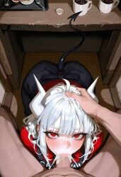 1girls 2d ai_generated apron blowjob cum cum_in_mouth deepthroat demon demon_girl demon_horns demon_tail fellatio helltaker icosilveraiart kneeling long_hair looking_at_viewer lucifer_(helltaker) pov red_eyes red_shirt self_upload submissive thick_ass thick_thighs under_the_table white_hair white_horn worship