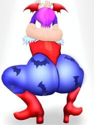 1girls armwear ass ass_focus big_ass capcom darkstalkers from_behind huge_ass leggings leotard lilith_aensland purple_hair sketchcolor squatting succubus thick thick_ass thick_thighs wink