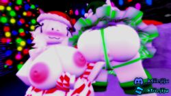 2girls 3d areolae ass bedroom big_ass big_breasts bikini_bottom breasts christmas dress eyes flowi green_dress ktiiejiju_(artist) lesbian_sex nipples ohsoybean red_dress roblox robloxian santa_hat soybean tagme white_body yuri