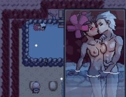 animated closed_eyes fingering hot_spring phoebe_(pokemon) pixel_art pokemon