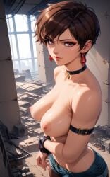 1girls ai_generated big_ass big_breasts breasts breasts_out brown_eyes brown_hair building busty clothed collar earrings female inviting king_of_fighters light-skinned_female light_skin looking_at_viewer pink_eyes pov red_eyes short_hair shorts showing_breasts thick thick_thighs thighhighs thighs tits_out undressing vice_(kof) wide_hips