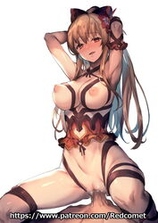 1boy armpits arms_up artist_name blonde_hair blush bow breasts brown_eyes censored cowgirl_position criss-cross_halter cum cum_in_pussy erection eyebrows_visible_through_hair female granblue_fantasy hair_between_eyes hairbow halterneck head_tilt high_ponytail large_breasts long_hair looking_at_viewer male nipples nose_blush open_mouth penis pussy red_bow redcomet ribbon-trimmed_clothes ribbon_trim sex solo straddling vaginal_penetration very_long_hair vira_lillie watermark web_address white_background