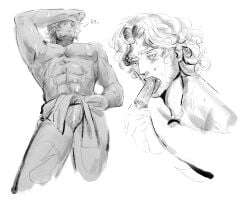 1boy curly_(mouthwashing) curly_hair ice_pop mouthwashing muscular muscular_male open_mouth shirtless solo sweat sweating