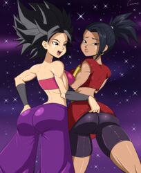 2girls ass back_view biceps big_ass bike_shorts breasts canime caulifla chocolate_and_vanilla dat_ass double_ass_focus dragon_ball dragon_ball_super duo earrings female female_only hoop_earrings kale looking_back medium_breasts multiple_girls muscles muscular_female open_mouth saiyan sideboob skin_tight skirt_lift smile tight_clothes toned yuri