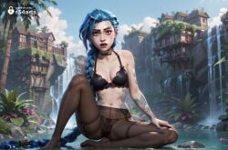 1girls ai_generated arcane arcane_jinx arm_tattoo artist_name asymmetrical_bangs bare_shoulders black_bra black_panties black_pantyhose blue_eyes blue_hair blue_nails bow bow_panties bra braid breasts choker cleavage cloud collarbone day freckles hi_res jinx_(league_of_legends) knee_up league_of_legends lingerie lips long_hair looking_at_viewer medium_breasts nail_polish navel netflix no_shoes outdoors panties panties_under_pantyhose pantyhose r34arts riot_games rock shoulder_tattoo sitting sky solo tattoo thighband_pantyhose tree underwear very_long_hair water