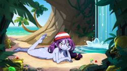 ass bad_censor bandana beach breasts censored covered_nipples covering edit female female_only gems gold long_hair looking_at_viewer naked nude palm_tree pirate purple_hair red_eyes risky_boots sand sea shantae shantae:_half-genie_hero solo tagme vase video_game water waterfall wayforward wet