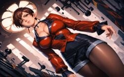 1girls ai_generated big_breasts breasts brown_eyes brown_hair building busty cleavage clothed collar dress earrings female huge_breasts king_of_fighters light-skinned_female light_skin long_sleeves looking_at_viewer short_hair shorts suit thick thick_thighs thighhighs thighs vice_(kof) wide_hips