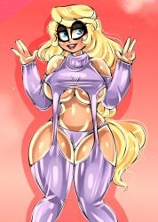 big_breasts bitterbunz blonde_hair blush charlie_morningstar_(hazbin_hotel) hazbin_hotel human_form lingerie lustful_gaze peace_sign stockings thick_thighs virgin_destroyer_sweater