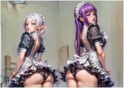 1girls 2girls ai ai_assisted ai_generated ass ass_focus ass_up big_breasts cleavage duo elf elf_ears elf_female elf_girl fanart female fern_(sousou_no_frieren) frieren frieren_beyond_journey's_end green_eyes long_hair looking_at_viewer looking_back maid maid_headdress maid_outfit maid_uniform panties purple_eyes purple_hair small_breasts smaller_female sousou_no_frieren stable_diffusion taller_girl white_hair yametastudio